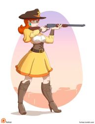 Rule 34 | 1girl, angry, belt, blue eyes, boots, breasts, cleavage, cow girl, cowboy hat, earrings, flower earrings, full body, furboz, gun, hat, holding, holding gun, holding weapon, jewelry, lever action, mario (series), nintendo, orange skirt, princess daisy, red hair, rifle, short hair, shotgun, skirt, solo, star (symbol), super mario bros. 1, super mario land, tomboy, weapon