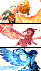 Rule 34 | 10s, 3girls, :d, ahoge, back, bad id, bad pixiv id, blue wings, bracelet, brown eyes, brown hair, feathered wings, feathers, fingerless gloves, gloves, grin, hair between eyes, hamada (super tachioyogi kyousou), highres, ibuki tsubasa, idolmaster, idolmaster million live!, jewelry, kasuga mirai, long hair, looking at viewer, million dreams (idolmaster), mogami shizuka, multiple girls, one side up, open mouth, orange wings, outstretched arms, pink eyes, pointing, red wings, short hair, smile, spread arms, wings