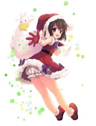 Rule 34 | 1girl, :d, alternate costume, animal ears, bad id, bad pixiv id, black hair, bloomers, blush, bow, bowtie, clover, dress, four-leaf clover, from side, full body, fur trim, gloves, hair between eyes, hat, inaba tewi, looking at viewer, looking to the side, nnyara, open mouth, purple bow, purple bowtie, rabbit, rabbit ears, red dress, red eyes, red footwear, red gloves, sack, santa costume, santa hat, shoes, short dress, short hair, sleeveless, sleeveless dress, smile, solo, star (symbol), touhou, underwear