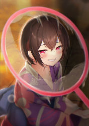 Rule 34 | 1girl, absurdres, bad id, bad pixiv id, blurry, blush, breasts, brown hair, cleavage, commentary request, depth of field, dot nose, highres, japanese clothes, kazanock, kimono, long hair, looking at viewer, obi, open mouth, original, poi (goldfish scoop), red eyes, sash, short hair, sidelocks, smile, teeth, tile floor, tiles, upper body, wide sleeves, yukata
