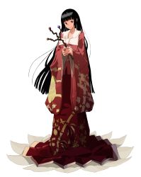 Rule 34 | 1girl, absurdres, bamboo, black hair, blouse, blunt bangs, branch, brown eyes, bug, butterfly, collared shirt, dress, female focus, flower, full body, highres, hone shoukan, houraisan kaguya, insect, jeweled branch of hourai, long hair, long skirt, looking at viewer, pink shirt, red dress, shirt, simple background, skirt, solo, standing, touhou, transparent background, very long hair, white background