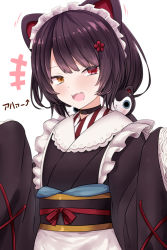 Rule 34 | +++, 1girl, :d, animal ears, apron, arrow (symbol), black hair, black kimono, brown eyes, commentary request, dog ears, dog hair ornament, fangs, hair ornament, hands up, heterochromia, inui toko, japanese clothes, kimono, long hair, long sleeves, looking at viewer, low twintails, maid, maid headdress, nijisanji, obi, open mouth, red eyes, sash, simple background, sleeves past fingers, sleeves past wrists, smile, solo, twintails, upper body, virtual youtuber, wa maid, waist apron, watarui, white apron, white background, wide sleeves