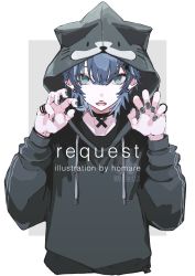 Rule 34 | 1boy, absurdres, animal hood, black choker, black hole, blue eyes, blue hair, cat hood, choker, claw pose, commentary request, commission, drawstring, grey background, hands up, highres, homare eramoh, hood, hood up, jewelry, looking at viewer, male focus, nail polish, open mouth, original, paw print, ring, sharp teeth, short hair, skeb commission, solo, teeth, two-tone background, upper body, white background