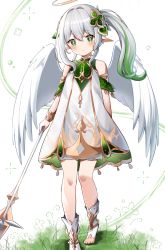 Rule 34 | 1girl, :o, absurdres, angel wings, blush, commentary request, dress, genshin impact, grass, green eyes, green hair, grey hair, halo, highres, holding, holding staff, legs, long hair, looking at viewer, multicolored hair, nahida (genshin impact), shi zhuzi da, side ponytail, simple background, solo, staff, standing, two-tone hair, white background, white dress, white footwear, wings