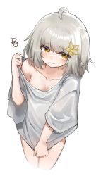 Rule 34 | absurdres, ahoge, arknights, blush, breasts, cleavage, closed mouth, collarbone, cropped legs, detached sleeves, grey shirt, highres, looking at viewer, no pants, off shoulder, one side up, polyvora, scene (arknights), shirt, short hair, short sleeves, silver hair, simple background, single bare shoulder, small breasts, smile, solo, white background, yellow eyes
