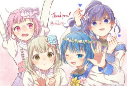 Rule 34 | 4girls, :d, ahoge, arms up, artist name, asahina mafuyu, azusawa kohane, bead necklace, beads, blue eyes, blue flower, blue hair, blush, bow, closed mouth, collared dress, dot nose, dress, flower, flower necklace, gradient background, green eyes, hair bow, hair flower, hair ornament, happiness sentai sanisani☆wonder! (project sekai), head wreath, heart, high ponytail, highres, jewelry, kiritani haruka, light brown hair, long bangs, long sleeves, looking at viewer, multiple girls, necklace, one eye closed, ootori emu, open hand, open mouth, outstretched arm, pink background, pink eyes, pink hair, project sekai, project sekai: april fools 2022, puffy short sleeves, puffy sleeves, purple dress, purple eyes, purple hair, sa-fu (sfmk39), sash, shirt, short hair, short sleeves, short twintails, sidelocks, sideways glance, simple background, sleeve cuffs, smile, sweatdrop, thank you, twintails, upper body, v, v-shaped eyebrows, waving, white background, white shirt