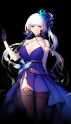 Rule 34 | 1girl, alternate costume, alternate hairstyle, azur lane, bare shoulders, black background, black panties, black thighhighs, blue dress, blue eyes, blurry, breasts, choker, cleavage, dress, floating hair, gloves, hair bun, hair ornament, hair ribbon, hand up, highres, illustrious (azur lane), illustrious (never-ending tea party) (azur lane), large breasts, long hair, looking at viewer, low twintails, mole, mole under eye, panties, ribbon, signature, simple background, single side bun, smile, solo, swd3e2, thighhighs, tress ribbon, twintails, underwear, white hair