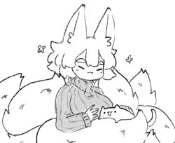 Rule 34 | 1girl, :3, animal ears, blush, cat, closed eyes, facing viewer, fluffy, fox ears, fox girl, fox tail, greyscale, latenight, long sleeves, monochrome, multiple tails, original, ribbed sweater, short hair, simple background, smile, solo, sweater, tail, white background