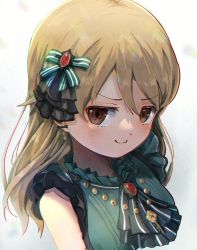 Rule 34 | 1girl, ascot, black ribbon, blonde hair, blush, bow, brooch, brown eyes, c:, close-up, commentary, cropped torso, dress, earrings, frilled dress, frills, furrowed brow, green ascot, green bow, green dress, hair between eyes, hair bow, hair ornament, hair strand, idolmaster, idolmaster cinderella girls, idolmaster cinderella girls starlight stage, jewelry, kentake04, key, long hair, looking at viewer, looking to the side, morikubo nono, necklace, portrait, ribbon, sleeveless, sleeveless dress, smile, smug, solo, v-shaped eyebrows, white background