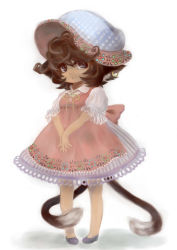 Rule 34 | 1girl, absurdres, alternate costume, animal ears, blue eyes, brown hair, cat ears, cat girl, cat tail, chen, child, dress, earrings, female focus, full body, hat, highres, jewelry, mochisuni, multiple tails, open mouth, own hands together, shoes, short hair, simple background, single earring, solo, tail, touhou