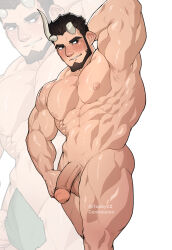 Rule 34 | 1boy, abs, absurdres, armpits, bara, beard, black hair, blush, broken horn, completely nude, demon boy, demon horns, facial hair, full beard, highres, horns, large pectorals, live a hero, looking to the side, male focus, mature male, muscular, muscular male, navel, nessen (live a hero), nipples, nude, pectorals, penis, shaved body, short hair, solo, standing, stomach, thick eyebrows, thick thighs, thighs, tobbyc2, uncensored, v-taper, zoom layer