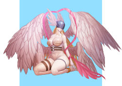 Rule 34 | 1girl, angel, angel wings, angewomon, anklet, asymmetrical clothes, bad id, bad pixiv id, bare shoulders, belt, blonde hair, blue background, breasts, cleavage, covered erect nipples, covered eyes, curvy, detached collar, detached sleeves, digimon, digimon (creature), dlckdgns851, feathers, head wings, helmet, highres, jewelry, large breasts, long hair, looking down, multiple wings, navel, open mouth, ribbon, seiza, sitting, solo, thick thighs, thigh strap, thighs, very long hair, wings