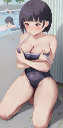 Rule 34 | 1boy, 2girls, absurdres, bare arms, bare legs, bare shoulders, barefoot, black hair, blue one-piece swimsuit, blurry, blurry background, blush, bob cut, breast hold, breasts, brown eyes, closed mouth, commentary request, competition school swimsuit, covered navel, day, embarrassed, feet, highleg, highleg swimsuit, highres, kneeling, large breasts, multiple girls, one-piece swimsuit, original, outdoors, pool, poolside, school swimsuit, short hair, solo focus, soradariku, split mouth, strap slip, swimming, swimsuit, thighs, toes, wavy mouth, wet, wet clothes, wet swimsuit
