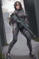 Rule 34 | 1girl, absurdres, ai arctic warfare, black hair, blue eyes, blush, bodysuit, bolt action, breasts, closed mouth, gun, hair over one eye, highres, holding, holding gun, holding weapon, large breasts, long hair, mole, mole under mouth, one eye covered, original, revision, rifle, shikube, sniper rifle, solo, standing, thighs, weapon
