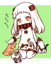 Rule 34 | 10s, 1girl, abyssal ship, cat, colored skin, comic, covered mouth, dress, horns, kantai collection, kobone, long hair, looking at viewer, mittens, northern ocean princess, orange eyes, headpat, sitting, translation request, wariza, white dress, white hair, white skin