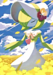 Rule 34 | 1girl, blue sky, bob cut, bonnet, capelet, closed eyes, clothed pokemon, cloud, colored skin, cowboy shot, creatures (company), day, falling petals, female focus, field, flat chest, flower, flower field, game freak, gardevoir, gardevoir (fashionable), gen 3 pokemon, ghostpokemon94, green hair, green skin, hair over one eye, hat, hat flower, highres, multicolored skin, nintendo, one eye covered, outdoors, petals, pink trim, pokemon, pokemon (creature), pokemon unite, red flower, short hair, sky, solo, standing, two-tone skin, u u, white capelet, white hat, white skin, yellow flower