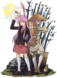 Rule 34 | 2girls, ajirogasa, animal ears, back-to-back, backpack, bag, bamboo, bamboo shoot, dual persona, forbidden scrollery, full body, hat, jacket, japanese clothes, kneehighs, long hair, long sleeves, looking at viewer, lunatic gun, multiple girls, necktie, open mouth, purple hair, rabbit ears, red eyes, reisen udongein inaba, rice hat, sandals, shirt, shoes, skirt, smile, socks, touhou, urin, vest, white background, white legwear, wide sleeves