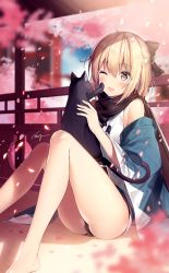 Rule 34 | 1girl, animal, artist name, bare legs, barefoot, black bow, black cat, black panties, black scarf, blonde hair, blurry, blush, bow, cat, commentary request, day, depth of field, fate/grand order, fate (series), grey eyes, hair bow, highres, japanese clothes, kimono, knees up, necomi, off shoulder, okita souji (fate), okita souji (koha-ace), one eye closed, open mouth, panties, petals, scarf, sitting, smile, solo, tareme, underwear, white kimono, wide sleeves, wooden floor