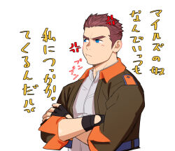 Rule 34 | 1boy, :t, black gloves, blue eyes, blush, brown hair, commentary request, crossed arms, eddie (gyee), fingerless gloves, gloves, green jacket, gyee, itto (mentaiko), jacket, looking to the side, male focus, pout, short hair, sleeves rolled up, solo, translation request, upper body
