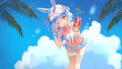 1girl ;d animal_ear_fluff animal_ears aqua_nails bikini bikini_skirt blue_bikini blue_hair blue_sky blush bridal_garter can cloud cloudy_sky collarbone dated day drink_can feet_out_of_frame frilled_bikini frilled_bikini_top frills front-tie_bikini_top front-tie_top hair_ribbon hands_up hashtag-only_commentary hat_ornament highleg highleg_bikini highres hololive kintotomaturi knees_together_feet_apart leaning_forward leg_ribbon lens_flare light_blue_hair light_particles looking_at_viewer navel official_alternate_hair_length official_alternate_hairstyle one_eye_closed open_mouth outdoors palm_tree pink_ribbon rabbit_ears rabbit_girl rabbit_hat_ornament red_eyes ribbon short_eyebrows short_hair side-tie_bikini_bottom signature sky smile soda_can solo standing sweat swimsuit thick_eyebrows thigh_gap thigh_ribbon thigh_strap tree usada_pekora usada_pekora_(summer) virtual_youtuber visor_cap white_ribbon wristband