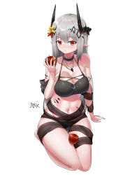 Rule 34 | 1girl, absurdres, apple, arknights, arm support, bare arms, bare legs, bare shoulders, bbk (bbkbebek7), bikini, black bikini, black choker, breasts, choker, cleavage, commentary, flower, food, fruit, hair flower, hair ornament, hand up, highres, holding, holding food, holding fruit, horns, jewelry, large breasts, long hair, looking at viewer, material growth, mudrock (arknights), mudrock (silent night) (arknights), navel, necklace, official alternate costume, oripathy lesion (arknights), parted lips, pointy ears, red eyes, red flower, seiza, silver hair, simple background, sitting, solo, stomach, swimsuit, thighs, white background, yellow flower