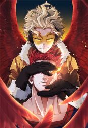 Rule 34 | 2boys, blue eyes, boku no hero academia, covering face, endeavor (boku no hero academia), expressionless, facial hair, feathered wings, feathers, flaming eyes, goatee stubble, hand on another&#039;s cheek, hand on another&#039;s face, hand over another&#039;s eye, hawks (boku no hero academia), looking at viewer, male focus, mature male, multiple boys, red feathers, red hair, red wings, scar, scar across eye, short hair, sideburns, smirk, spiked hair, spread wings, stubble, tsukuyomi kou, upper body, wings