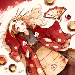 Rule 34 | 1girl, :d, akagi shun, brown hair, calligraphy brush, commentary request, cup, hand fan, folding fan, hair spread out, jacket, long hair, long sleeves, looking at viewer, lying, on back, open mouth, original, paintbrush, red eyes, red jacket, smile, solo, wide sleeves