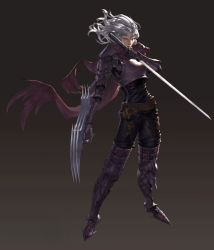 Rule 34 | 1boy, absurdres, armor, assassin, belt, breastplate, claw (weapon), clawed gauntlets, closed mouth, cococo00, gauntlets, gradient background, greaves, grey hair, hair between eyes, highres, holding, holding sword, holding weapon, long hair, male focus, original, pauldrons, purple scarf, red eyes, scar, scar on face, scarf, shoulder armor, solo, standing, sword, torn clothes, torn scarf, vambraces, weapon