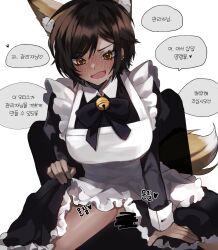 Rule 34 | 1boy, 1girl, animal ear fluff, animal ears, apron, bell, black bow, black bowtie, black dress, blush, bow, bowtie, brown hair, censored, clothes lift, commentary request, cowgirl position, dress, dress lift, earrings, fox ears, fox tail, frilled apron, frilled dress, frills, heart, highres, jewelry, jingle bell, juliet sleeves, korean commentary, korean text, lifted by self, limbus company, long sleeves, neck bell, open mouth, orange eyes, outis (project moon), project moon, puffy sleeves, sex, short hair, simple background, solo focus, speech bubble, steam, straddling, sweat, tail, translation request, wavy mouth, white apron, white background, yellow tail, yippee