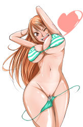 Rule 34 | 1girl, arms up, breasts, brown eyes, heart, huge breasts, jagi (nexboy), long hair, looking at viewer, nami (one piece), navel, one piece, orange hair, pussy, solo, uncensored