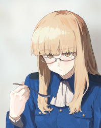 Rule 34 | 1girl, :/, ascot, blonde hair, blue jacket, blunt bangs, blush, brown-framed eyewear, buttons, closed mouth, commentary request, epaulettes, fingernails, glasses, grey background, hand up, highres, holding, holding spoon, jacket, long fingernails, long hair, long sleeves, looking away, looking over eyewear, military, military uniform, neckerchief, perrine h. clostermann, pocket, raised eyebrow, shiratama (hockey), sidelocks, simple background, solo, spoon, strike witches, traditional media, uneven eyes, uniform, upper body, white ascot, white neckerchief, wing collar, world witches series, yellow eyes
