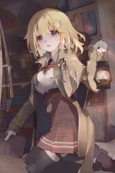 Rule 34 | 1girl, absurdres, black thighhighs, blonde hair, blue eyes, blush, bob cut, book, bookshelf, breasts, brown capelet, brown footwear, brown skirt, capelet, hair ornament, high-waist skirt, highres, holding, holding lantern, hololive, hololive english, kneeling, ladder, lantern, large breasts, loafers, looking at viewer, miniskirt, open mouth, pleated skirt, pocket watch, sauce darusungi, shoes, short hair, skirt, solo, thigh strap, thighhighs, virtual youtuber, watch, watson amelia