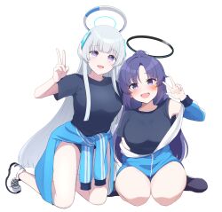 Rule 34 | 2girls, :d, absurdres, black shirt, blue archive, blue buruma, blue eyes, blue jacket, blush, breasts, buruma, clothes around waist, commentary request, facial mark, grey hair, halo, hand up, headgear, highres, jacket, jacket around waist, kneeling, long hair, medium breasts, multiple girls, noa (blue archive), noa yj, open mouth, parted bangs, ponytail, purple eyes, purple hair, seiza, shirt, shoe soles, short sleeves, simple background, sitting, smile, star (symbol), track jacket, v, very long hair, white background, white footwear, yuuka (blue archive), yuuka (track) (blue archive)