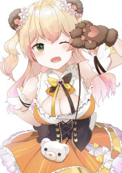 Rule 34 | 1girl, ;d, absurdres, animal bag, animal ears, animal hands, arm garter, bad id, bad pixiv id, bare arms, bare shoulders, bear bag, bear ears, bear paws, bell, blonde hair, blush, bow, bowtie, breasts, cleavage, cleavage cutout, clothing cutout, corset, cowboy shot, cutout above navel, detached sleeves, dress flower, fang, flower, frilled shirt, frilled skirt, frills, gloves, gradient hair, green eyes, hair between eyes, hair flower, hair ornament, hand on own hip, highres, hololive, jingle bell, large breasts, layered skirt, long hair, looking at viewer, miniskirt, momosuzu nene, multicolored hair, multicolored neckwear, muno, neck bell, one eye closed, open mouth, orange shirt, orange skirt, paw gloves, pink hair, shirt, short sleeves, simple background, skin fang, skirt, skirt set, sleeveless, sleeveless shirt, smile, solo, two side up, underbust, virtual youtuber, white background, yellow skirt