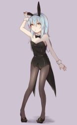 Rule 34 | 1girl, absurdres, animal ears, bare shoulders, black bow, black bowtie, black leotard, black pantyhose, blue hair, bow, bowtie, breasts, commentary request, detached collar, fake animal ears, full body, grey background, highres, leotard, long hair, looking up, pantyhose, playboy bunny, rabbit ears, rabbit tail, rimuru tempest, shiroma renri, simple background, small breasts, solo, strapless, strapless leotard, tail, tensei shitara slime datta ken, wrist cuffs, yellow eyes