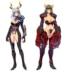 Rule 34 | 2girls, areola slip, armor, breasts, claws, cleavage, green hair, halo, horns, injoku toshi/daten no nie, large breasts, multiple girls, navel, open mouth, short hair, smile, standing, white background, yellow eyes