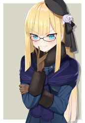 Rule 34 | 1girl, absurdres, bad id, bad pixiv id, blonde hair, blue eyes, blush, brown background, brown gloves, choco tanuki, commentary request, fate/grand order, fate (series), flower, glasses, gloves, hair flower, hair ornament, hat, highres, long hair, long sleeves, looking at viewer, lord el-melloi ii case files, outside border, reines el-melloi archisorte, sharp teeth, simple background, smile, solo, teeth, v-shaped eyebrows, white flower