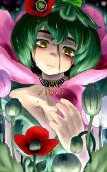 Rule 34 | 1girl, bare shoulders, breasts, choker, cleavage, collarbone, colored eyelashes, eyebrows, flower, frown, green hair, hair flower, hair ornament, head tilt, highres, original, oso (toolate), papaver somniferum, personification, plant, ringed eyes, short hair, solo, @ @, tears, yellow eyes