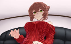 Rule 34 | 1girl, blush, breasts, brown hair, closed mouth, couch, flipped hair, from below, graphite (medium), green eyes, highres, indoors, jewelry, kantai collection, large breasts, long sleeves, looking at viewer, mutsu (kancolle), red sweater, ring, short hair, sitting, smile, solo, sweater, traditional media, utsumi karmin, wedding band