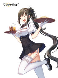 Rule 34 | 1girl, ass, badge, black bow, black bowtie, black footwear, black hair, black skirt, blush, bow, bowtie, breasts, center frills, closed eyes, closers, collared shirt, copyright name, cowboy shot, drink, drinking straw, fang, food, fried rice, frills, from side, garter straps, glasses, gloves, hair bow, hands up, high-waist skirt, highres, holding, holding tray, ice, ice cube, lace, lace-trimmed thighhighs, large breasts, leg up, logo, long hair, mary janes, miniskirt, official art, open mouth, pleated skirt, ponytail, puffy short sleeves, puffy sleeves, running, shirt, shoes, short sleeves, sidelocks, skirt, smile, solo, suspender skirt, suspenders, thighhighs, tray, underbust, v-shaped eyebrows, very long hair, waitress, white background, white gloves, white shirt, white thighhighs, yuri seo, zettai ryouiki