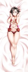 Rule 34 | 1girl, absurdres, back bow, barefoot, bed sheet, black hair, bow, breasts, cleavage, collarbone, dakimakura (medium), from above, full body, gluteal fold, gradient hair, grey eyes, grin, highres, incredibly absurdres, kimmy77, looking at viewer, lying, medium breasts, multicolored hair, navel, on back, panties, pink bow, red hair, red panties, revealing clothes, ruby rose, rwby, short hair, smile, solo, thigh gap, underwear