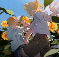Rule 34 | 2boys, ahoge, alphonse elric, armor, blonde hair, blue shirt, blue sky, brothers, brown shorts, closed eyes, collared shirt, day, edward elric, flower, foreshortening, from behind, fullmetal alchemist, holding, holding water gun, laughing, long hair, male focus, multiple boys, one eye closed, open mouth, p0ckylo, ponytail, shirt, short sleeves, shorts, siblings, sidelocks, sky, smile, sunflower, teeth, upper body, water, water gun, white shirt, yellow eyes, yellow flower