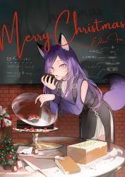 Rule 34 | 1girl, animal ear fluff, animal ears, artist name, bare shoulders, bent over, berry, cake, cake stand, center frills, chocolate cake, christmas, christmas tree, clothing cutout, dated, doily, eden (eden871225), food, fork, fox ears, fox girl, fox tail, frills, gift, happy birthday, highres, holding, holding food, indoors, knife, layered skirt, long sleeves, menu, merry christmas, original, parted bangs, pound cake, purple hair, shirt tucked in, shoulder cutout, skirt, solo, suspender skirt, suspenders, table, tail