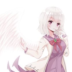 Rule 34 | 1girl, arm up, breasts, brooch, cowboy shot, dress, feathered wings, finger to mouth, gem, green gemstone, jacket, jewelry, kishin sagume, long sleeves, looking at viewer, medium breasts, open clothes, open jacket, parted lips, purple dress, purple eyes, red ribbon, ribbon, sh1 (shanghaidoll), short hair, silver hair, simple background, single wing, solo, touhou, white background, white jacket, wings