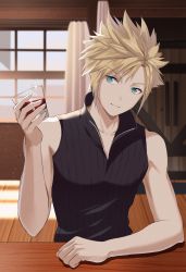 Rule 34 | 1boy, aqua eyes, bar (place), befirst b, blonde hair, cloud strife, cocktail, cup, curtains, door, drinking glass, final fantasy, final fantasy vii, final fantasy vii advent children, final fantasy vii remake, grey shirt, high collar, highres, holding, holding cup, indoors, looking at viewer, male focus, open collar, seventh heaven, shirt, short hair, single bare arm, sleeveless, sleeveless shirt, solo, sparkle, spiked hair, square enix, upper body, window, wooden door, wooden floor
