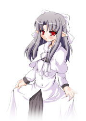 Rule 34 | 00s, 1girl, blush, clothes lift, grey hair, half updo, melty blood, pointy ears, red eyes, skirt, skirt lift, solo, tsukihime, white len (tsukihime)