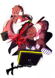 Rule 34 | 1girl, bare arms, belt, blood, brown footwear, brown shorts, commentary, cross, demon girl, fangs, highres, holding, horns, leggings, long hair, looking at viewer, original, pointy ears, ponytail, red eyes, red hair, red horns, red shirt, shimmer, shirt, short shorts, shorts, simple background, skull, smile, solo, sword, thighhighs, weapon, white background, zettai ryouiki