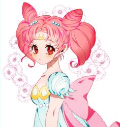 Rule 34 | 1girl, bishoujo senshi sailor moon, bow, chibi usa, cone hair bun, crescent, crescent facial mark, double bun, dress, facial mark, flower, forehead mark, from side, hair bun, hair ornament, hairclip, looking at viewer, nanette (krowaze), parted bangs, pink bow, pink hair, puffy short sleeves, puffy sleeves, red eyes, short sleeves, small lady serenity, solo, twintails, upper body, white dress