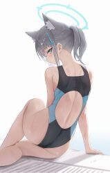Rule 34 | 1girl, absurdres, animal ears, ass, back, back cutout, bare shoulders, black one-piece swimsuit, blue archive, blue eyes, blue halo, blush, closed mouth, clothing cutout, cross, cross hair ornament, extra ears, from behind, grey hair, hair ornament, halo, hashtag-only commentary, highres, inverted cross, looking at viewer, looking back, multicolored clothes, multicolored swimsuit, nape, neck, official alternate costume, official alternate hairstyle, one-piece swimsuit, ponytail, rable, shiroko (blue archive), shiroko (swimsuit) (blue archive), short ponytail, simple background, sitting, solo, swimsuit, white background, wolf ears, wolf girl