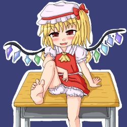 Rule 34 | 1girl, arm support, bare legs, barefoot, blonde hair, bloomers, blush, commentary request, crystal, desk, fang, feet, flandre scarlet, foot out of frame, hat, leg lift, legs, looking at viewer, mob cap, naughty face, oekaki, open mouth, puffy short sleeves, puffy sleeves, sanzan, school desk, short sleeves, side ponytail, sitting, smile, soles, solo, toes, touhou, underwear, wings